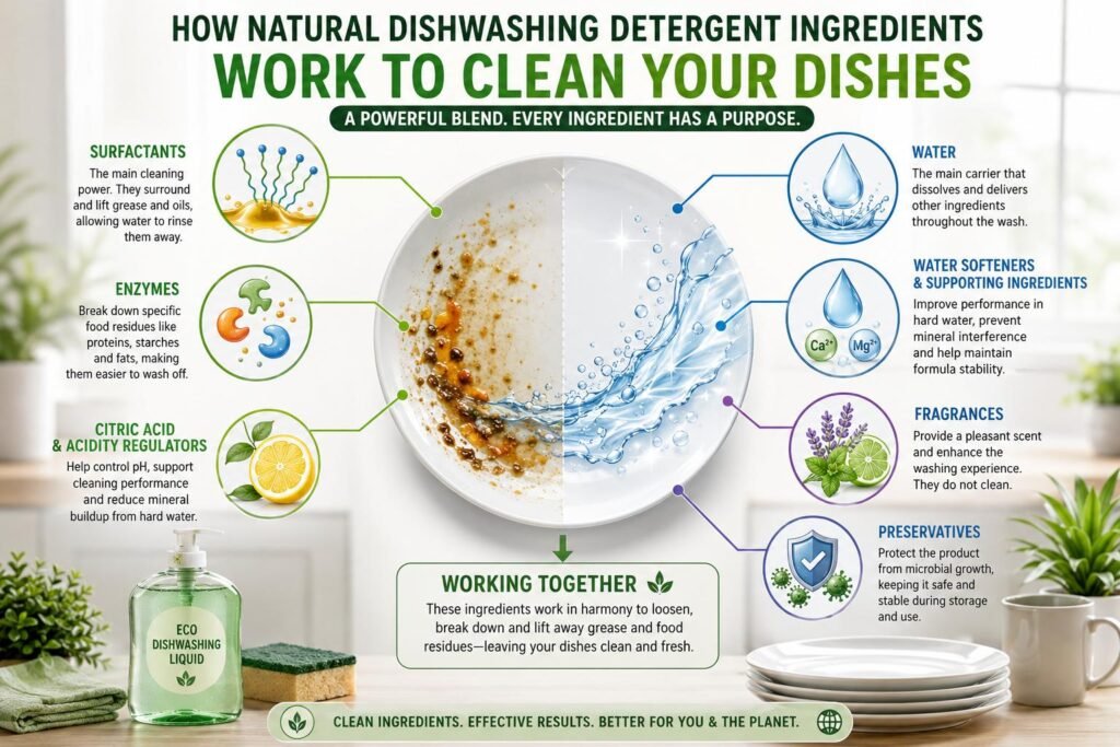 How natural dishwashing detergent ingredients remove grease and food residues
