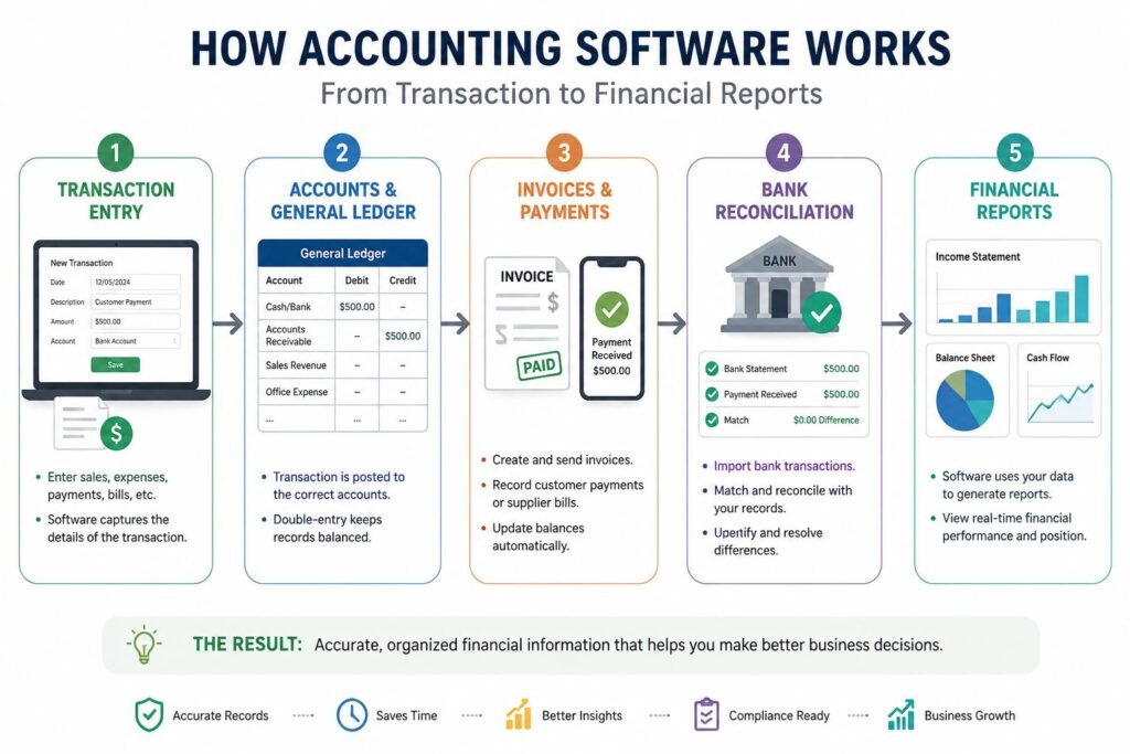 How Accounting Software Works: A Complete Guide for Beginners 2 How accounting software turns transactions into financial reports