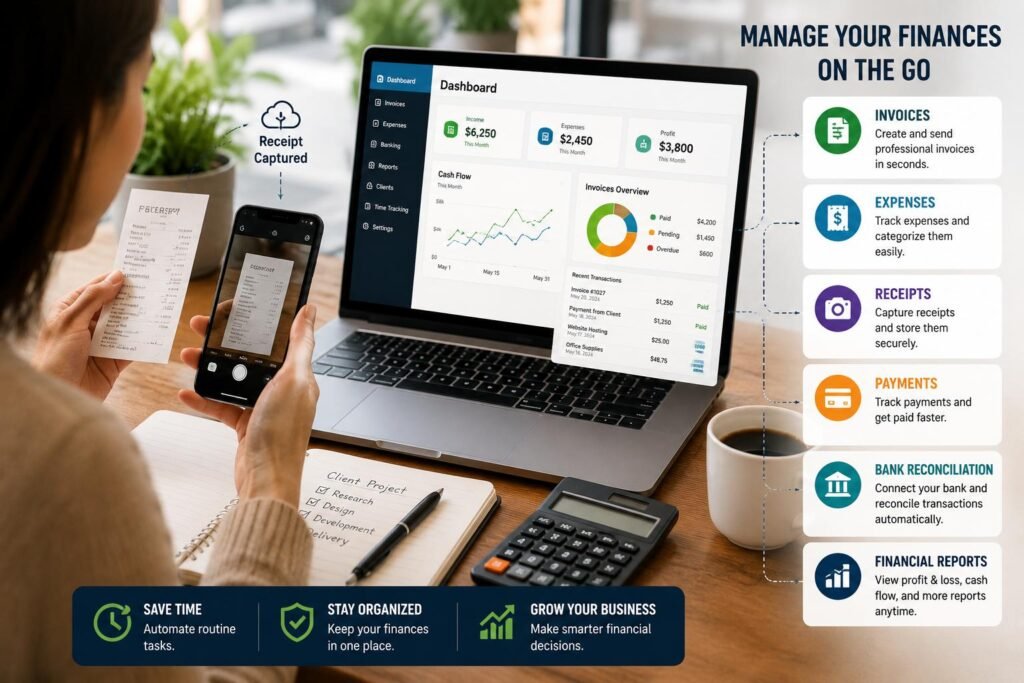 Mobile accounting app for tracking invoices, expenses, receipts, and payments
