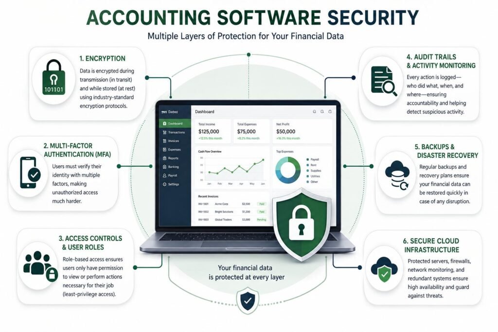 Accounting software security features including encryption MFA access controls audit trails and backups
