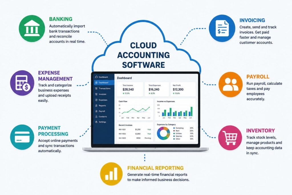 Cloud Accounting Software: Benefits, Features, Costs, and How It Works 2 Cloud accounting software connecting banking, invoicing, payroll, expenses, and payments