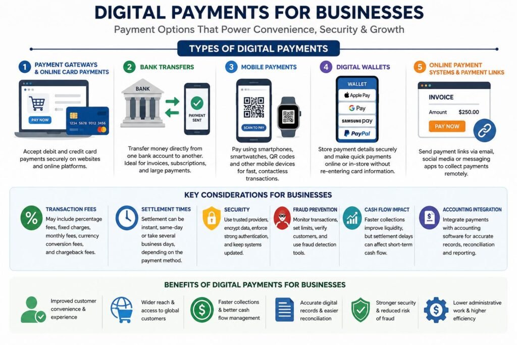 Types of digital payments for businesses and their security and accounting features
