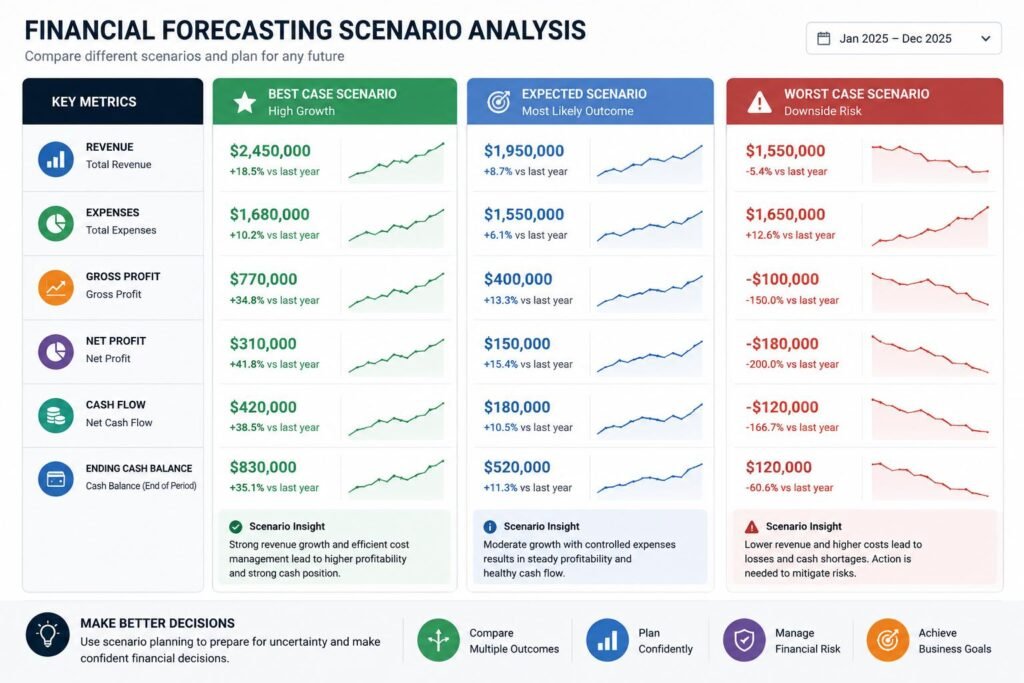 Financial forecasting software showing best, expected, and worst-case scenarios
