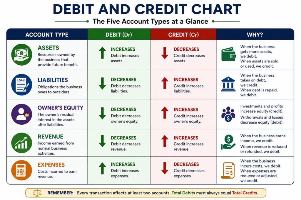 Debit and credit chart for assets, liabilities, equity, revenue, and expenses
