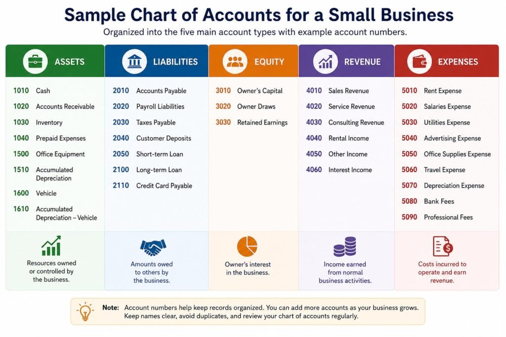 What Is a Chart of Accounts and How to Set It Up for Your Business? 2 Sample chart of accounts showing account categories and numbering for a small business.
