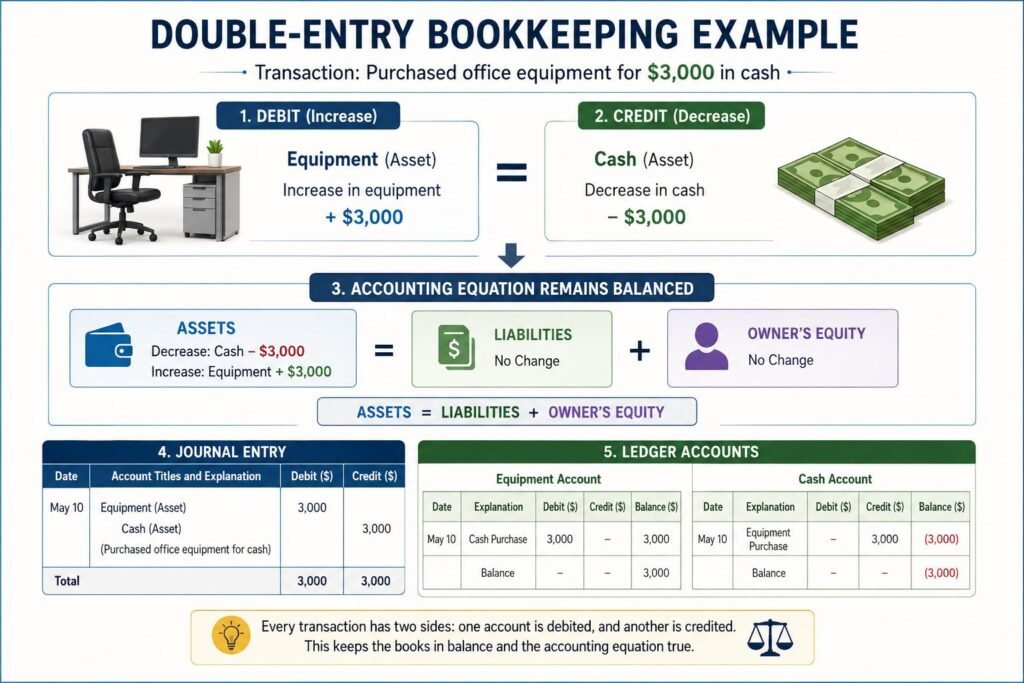 Double-entry bookkeeping example showing debit and credit entries for an equipment purchase.
