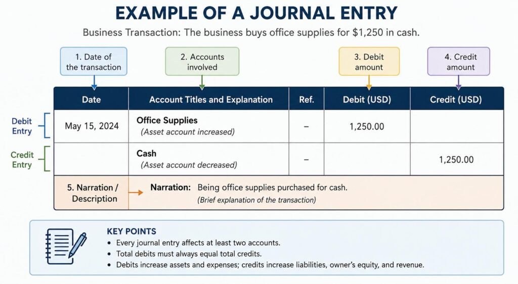 Example of a journal entry format showing debit, credit, and narration in double-entry bookkeeping.