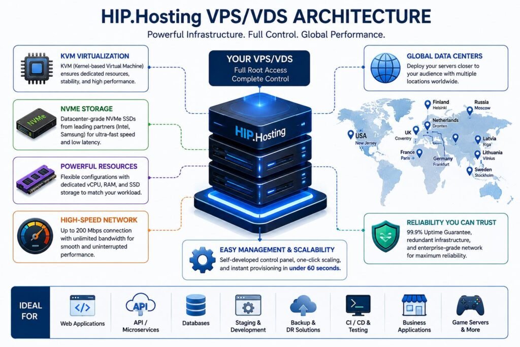 HIP.Hosting VPS architecture with KVM virtualization, NVMe storage, network bandwidth, and server resources
