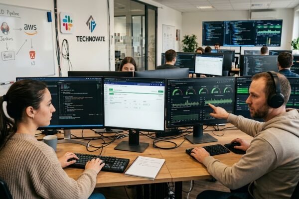 Software engineers and DevOps engineers collaborating on modern software development and deployment processes