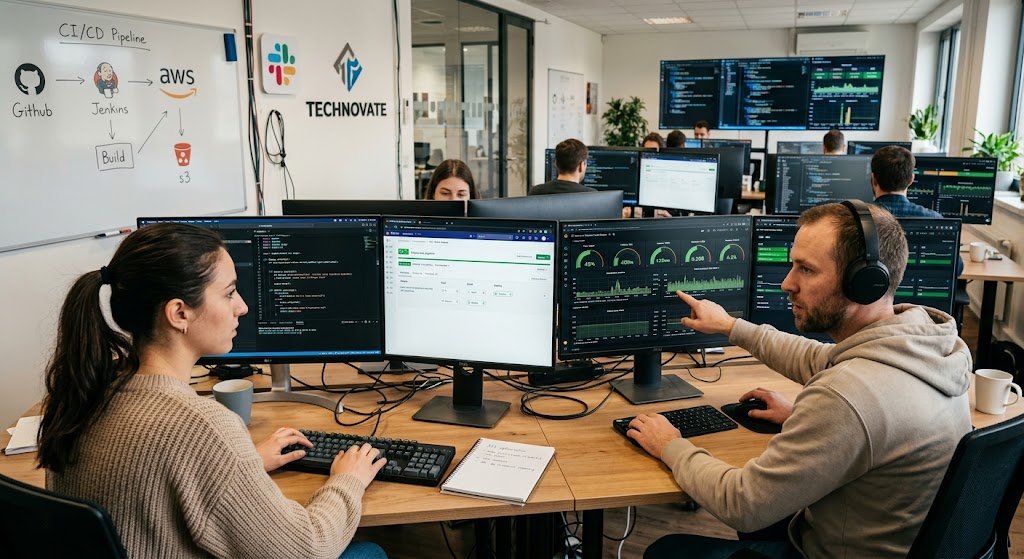DevOps vs Software Engineering: Differences, Roles, Tools, and How They Work Together 4 Software engineers and DevOps engineers collaborating on modern software development and deployment processes