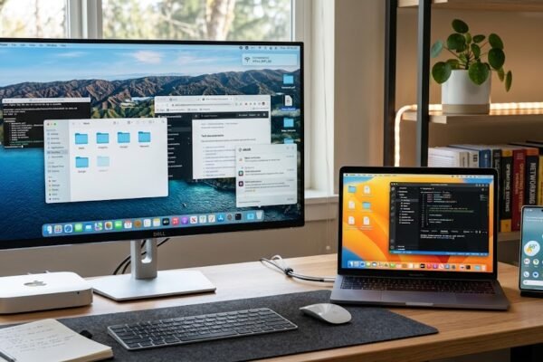 A computer, laptop, and smartphone displaying operating system interfaces showing how OS software connects devices and applications.