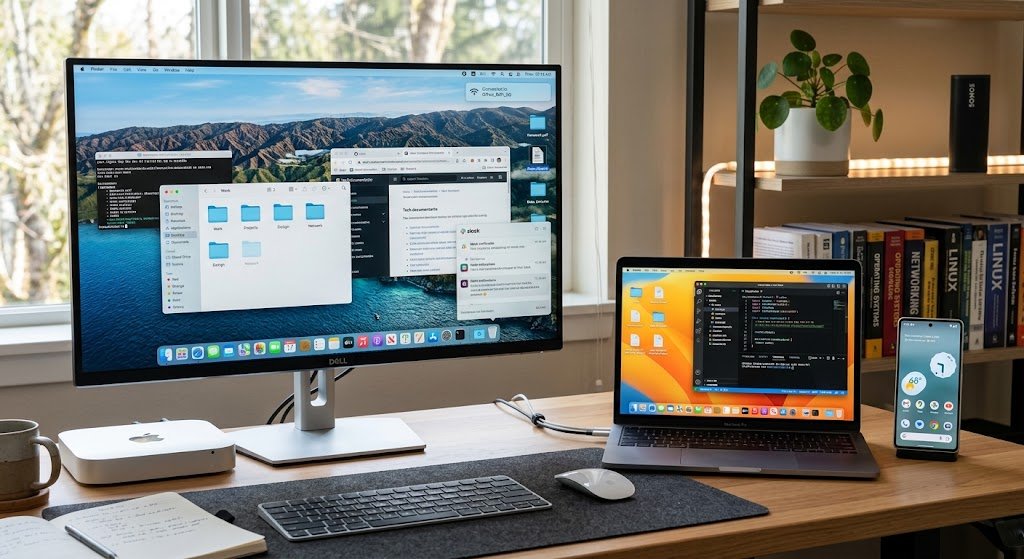 A computer, laptop, and smartphone displaying operating system interfaces showing how OS software connects devices and applications.