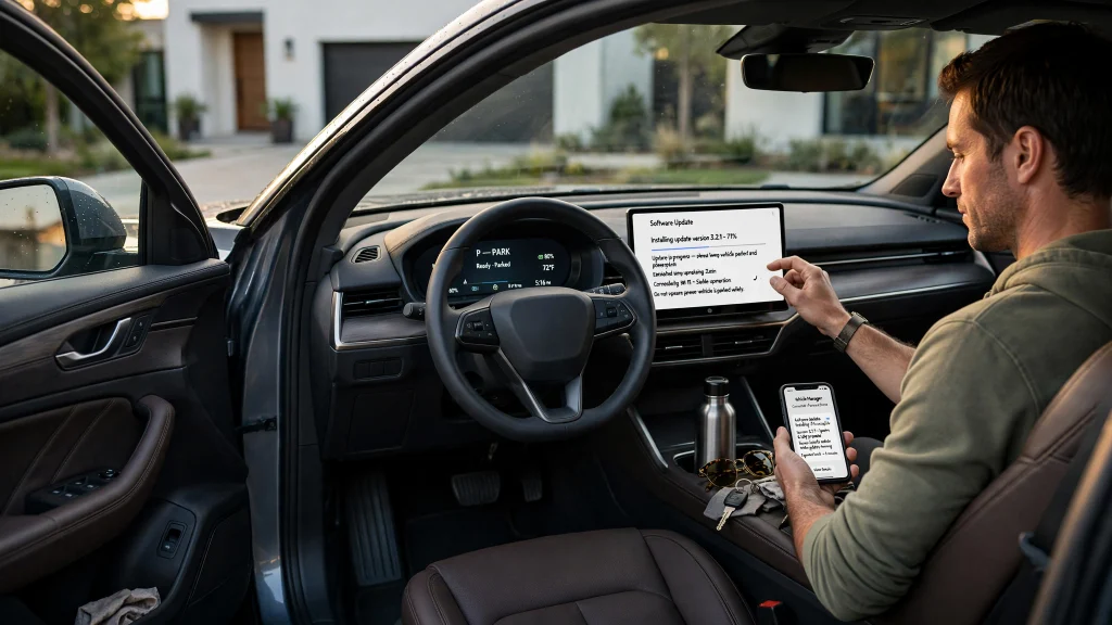 Car Software Updates being managed through a vehicle infotainment system and smartphone