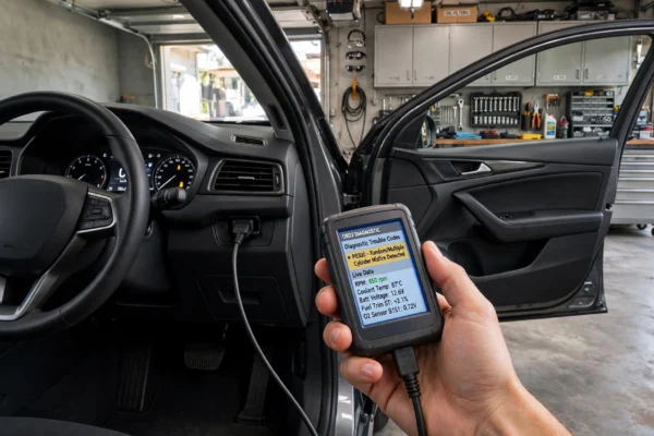 OBD2 scanner connected to a car for diagnostic trouble code scanning