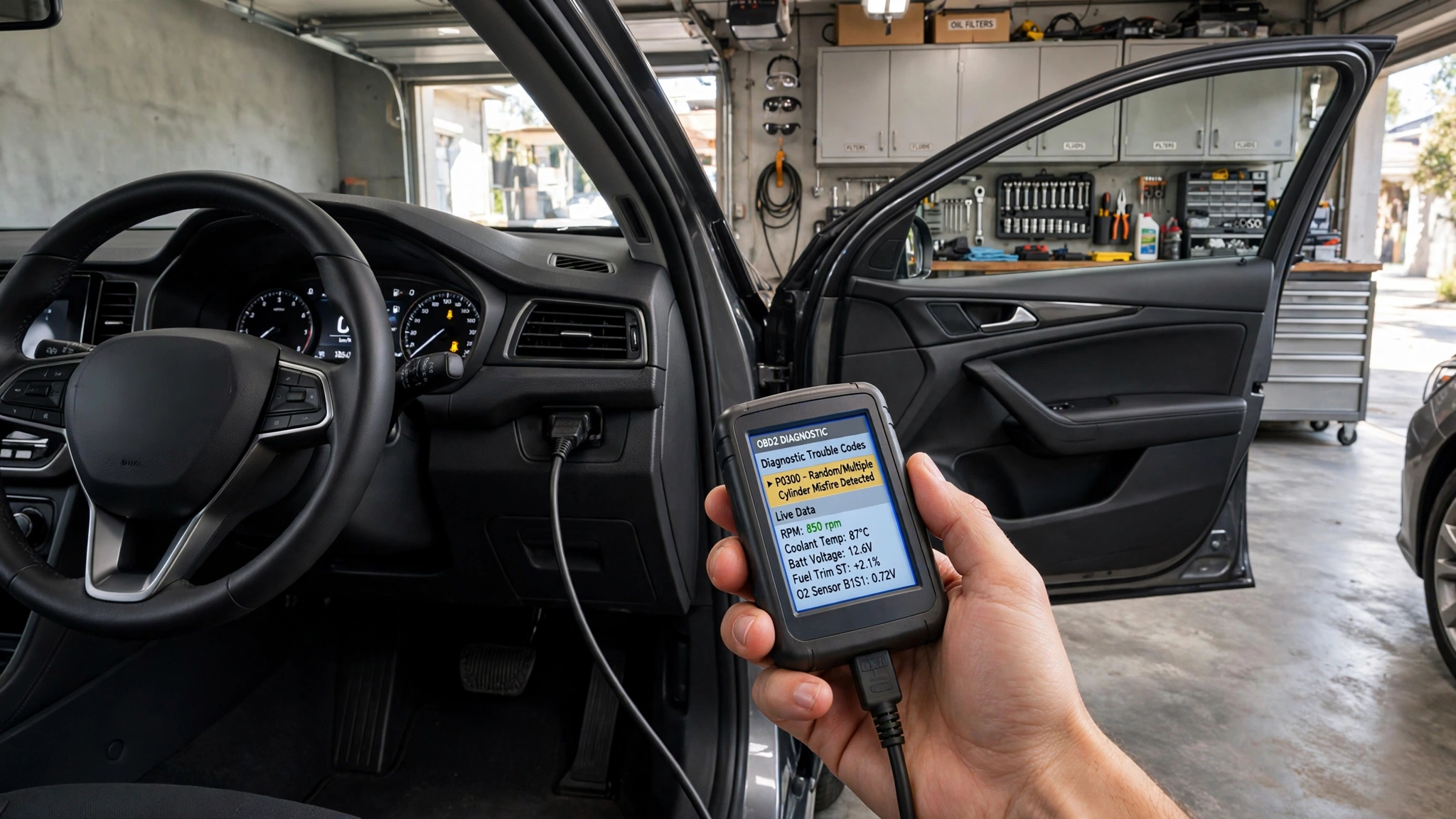OBD2 Scanner Explained: How It Works and How to Diagnose Common Car Problems 2 OBD2 scanner connected to a car for diagnostic trouble code scanning