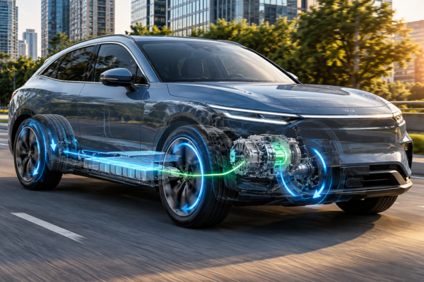 Regenerative braking in a modern electric vehicle recovering energy during deceleration