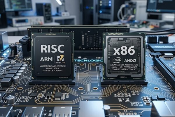 RISC vs CISC architecture comparison showing ARM, RISC-V, and x86 processor designs on a circuit board.
