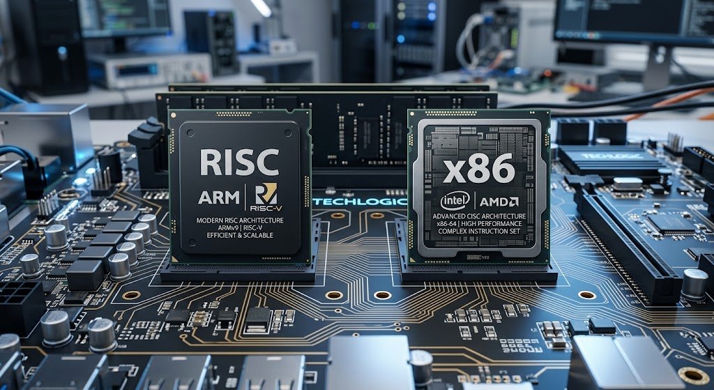 RISC vs CISC architecture comparison showing ARM, RISC-V, and x86 processor designs on a circuit board.