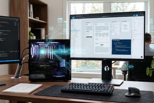 Modern computer workstation showing hardware components and software applications working together