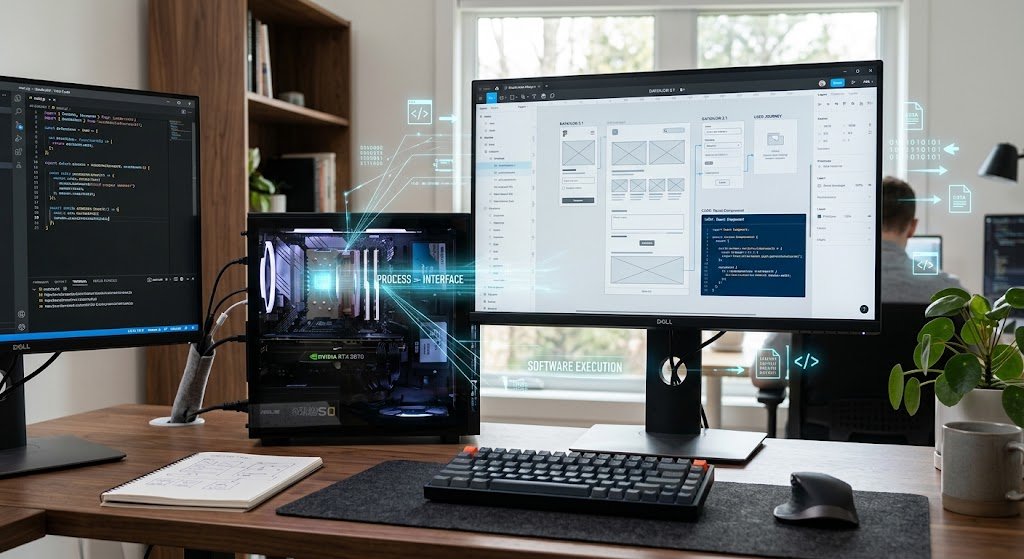 Modern computer workstation showing hardware components and software applications working together