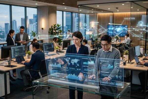 Business professionals using emerging technologies for digital transformation and future business operations