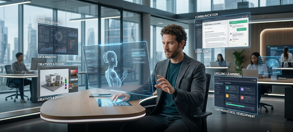 Human and artificial intelligence working together to develop future workplace skills and innovation.