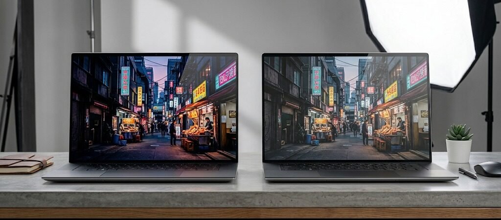 OLED and IPS laptop displays compared showing differences in contrast, colors, and image quality