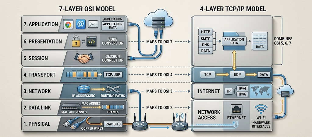 Realistic comparison between the seven-layer OSI model and four-layer TCP/IP networking model.