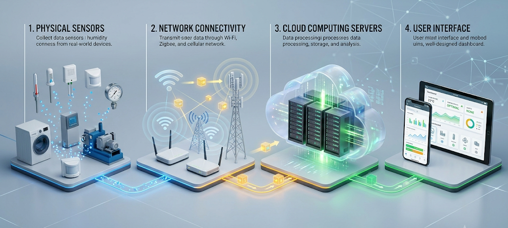 Four main components of an IoT system including sensors connectivity cloud and user interface