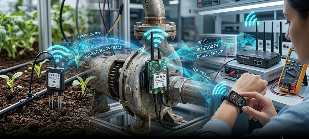 IoT sensors collecting real time data and transmitting information through connected networks