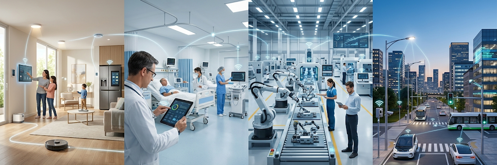 Real world applications of IoT technology in smart homes healthcare factories and cities