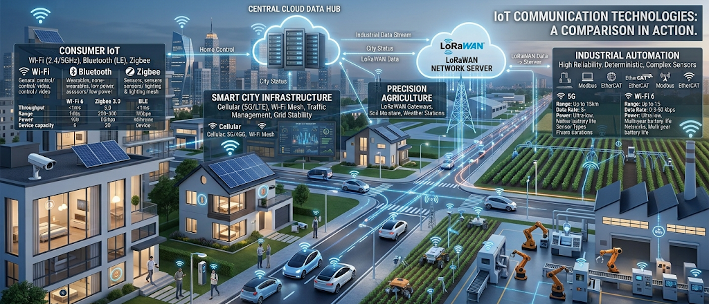 How Do IoT Devices Connect and Communicate? IoT Architecture, Protocols and Networks Explained 3 Comparison of IoT connectivity technologies including Wi-Fi, Bluetooth, Zigbee, LoRaWAN, and cellular networks