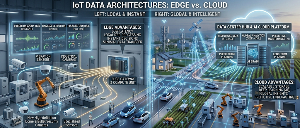 How Do IoT Devices Connect and Communicate? IoT Architecture, Protocols and Networks Explained 5 Edge computing and cloud computing comparison in an IoT system showing local and remote data processing