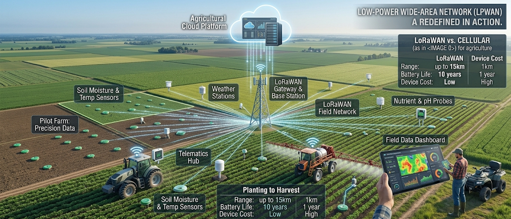 How Do IoT Devices Connect and Communicate? IoT Architecture, Protocols and Networks Explained 4 LoRaWAN IoT sensors monitoring smart agriculture fields with long-range wireless connectivity