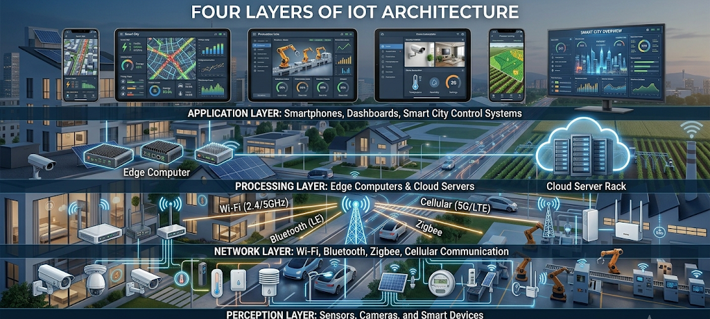 How Do IoT Devices Connect and Communicate? IoT Architecture, Protocols and Networks Explained 2 IoT architecture layers showing sensors, networks, edge computing, cloud processing, and applications