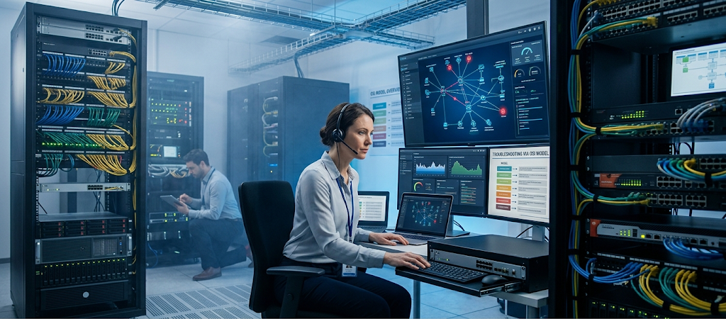 IT professional troubleshooting a computer network using servers, routers, and network monitoring tools.