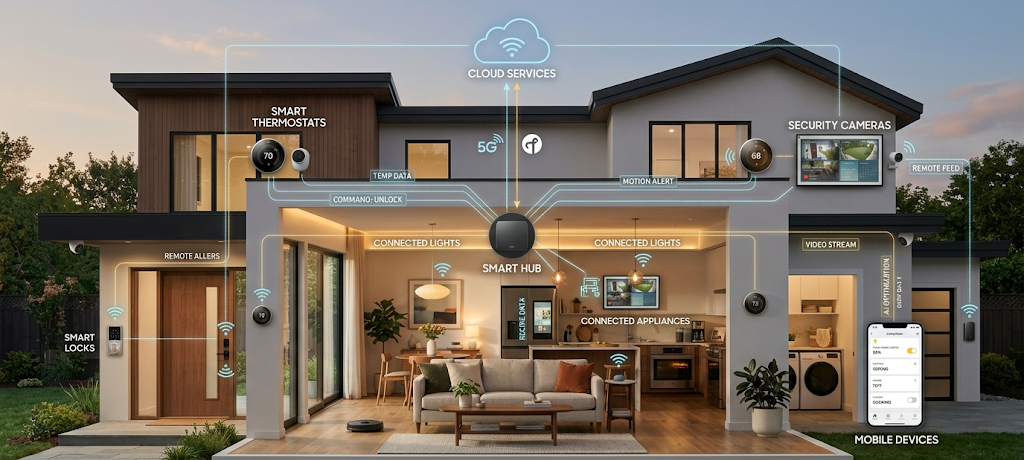 IoT smart home ecosystem showing connected devices communicating through wireless networks and cloud technology.