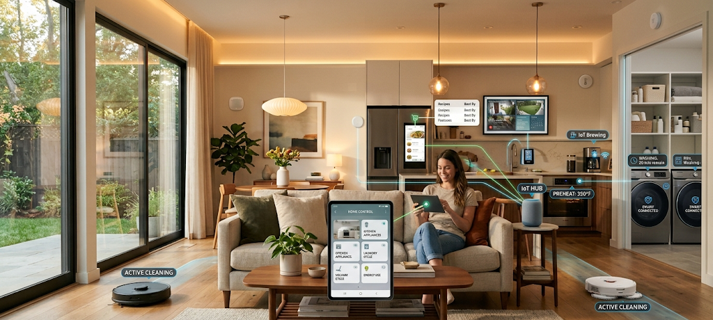 Smart kitchen with connected refrigerator, robot vacuum, and IoT-enabled household appliances.