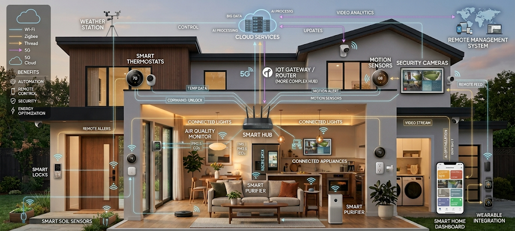 Homeowner using voice assistant and smartphone to control smart security cameras, lights, and connected home devices.