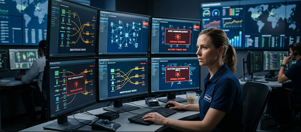 IoT Security Risks: Biggest Threats to Connected Devices and How to Protect Yourself 2 Cybersecurity expert monitoring IoT device hacking threats and network vulnerabilities