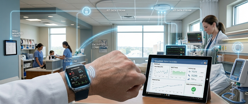 IoT in Healthcare: How Smart Medical Devices Are Revolutionizing Patient Care 2 Wearable health monitor collecting patient data through IoT technology for personal healthcare management.