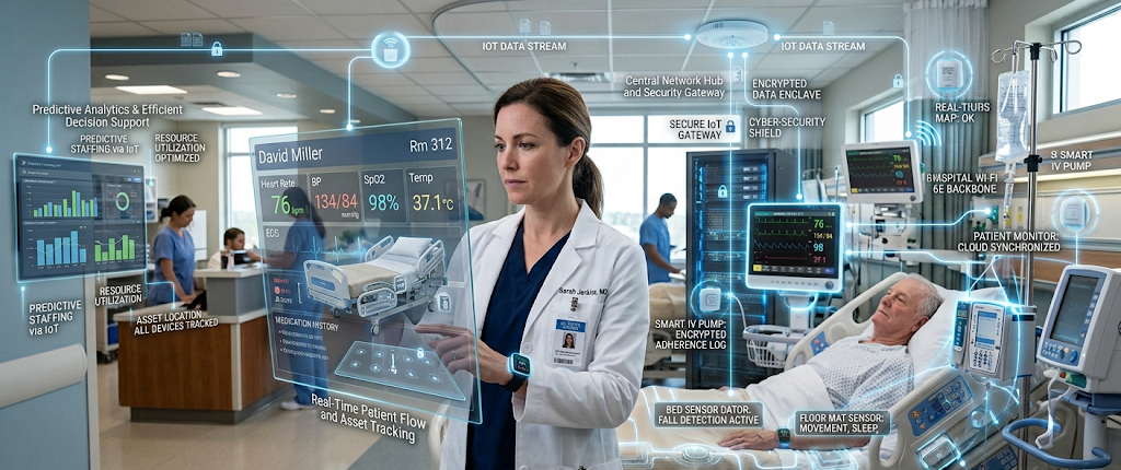 IoT in Healthcare: How Smart Medical Devices Are Revolutionizing Patient Care 3 Smart hospital bed and connected medical equipment using IoT technology to improve patient care and healthcare efficiency.