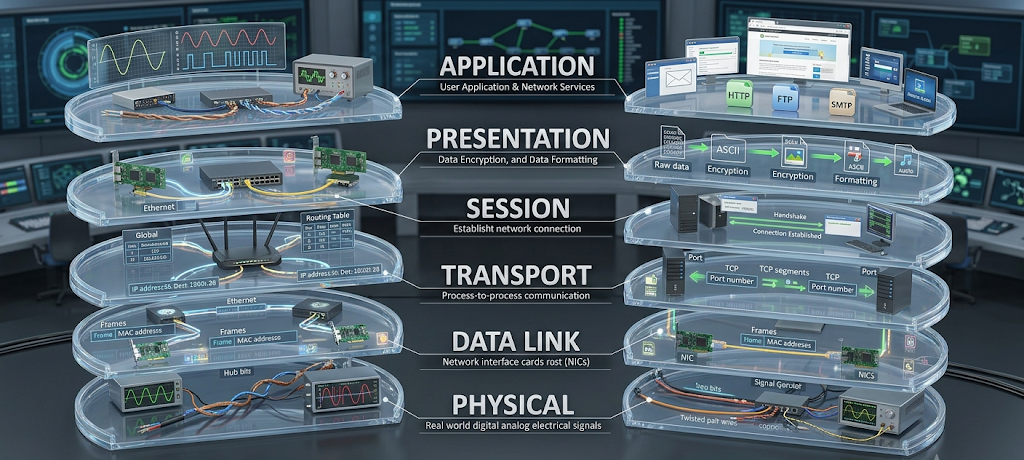 Three-dimensional visualization of the seven layers of the OSI networking model.