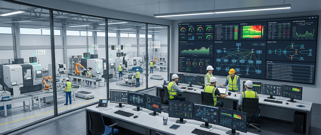Manufacturing engineers using Industrial IoT dashboards to monitor smart factory operations and real-time machine data.