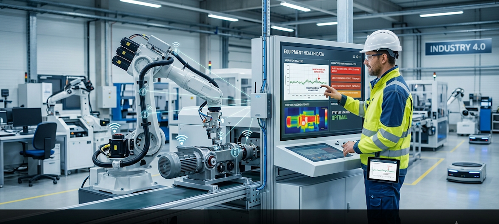 Technician using predictive maintenance technology to monitor connected industrial robots and smart manufacturing equipment.