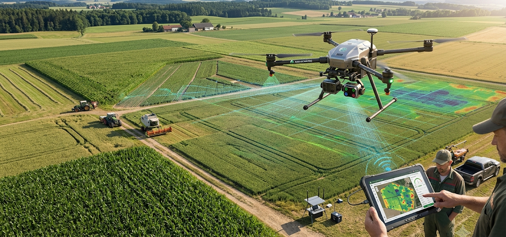 Agricultural drone monitoring crops and collecting data for precision smart farming.