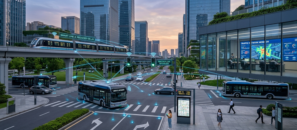 Smart city traffic management system using IoT technology to optimize public transportation and reduce congestion.