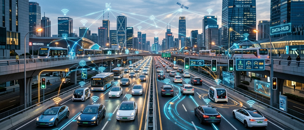 IoT-powered smart transportation network connecting vehicles, roads, and city infrastructure through real-time data communication.