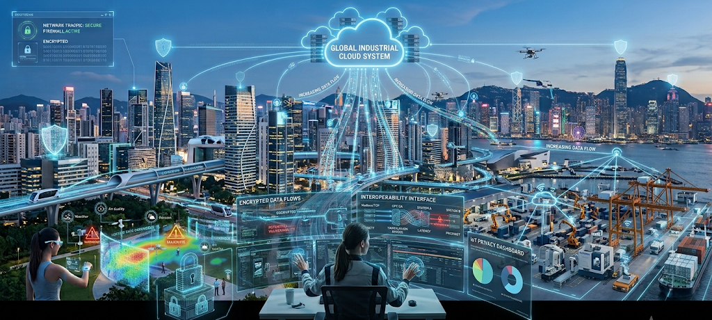 Industrial IoT network showing scalability issues, connected devices, edge computing, and interoperability challenges.