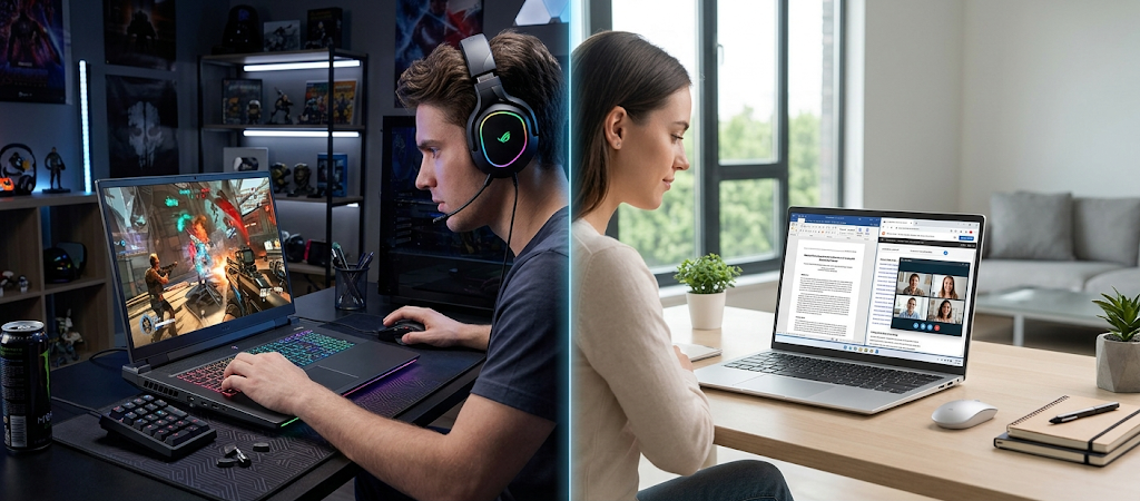 Gaming laptop used for high-performance tasks compared with a regular laptop used for productivity work.